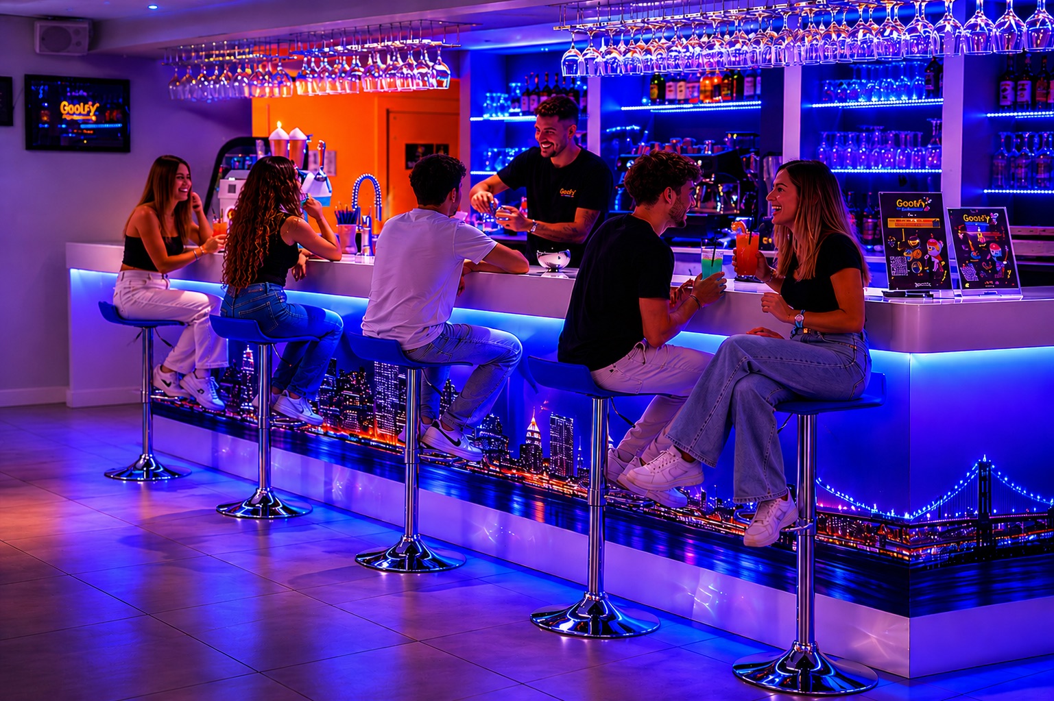 Bar et lounge de Goolfy à Plan de Campagne sous lumière bleue