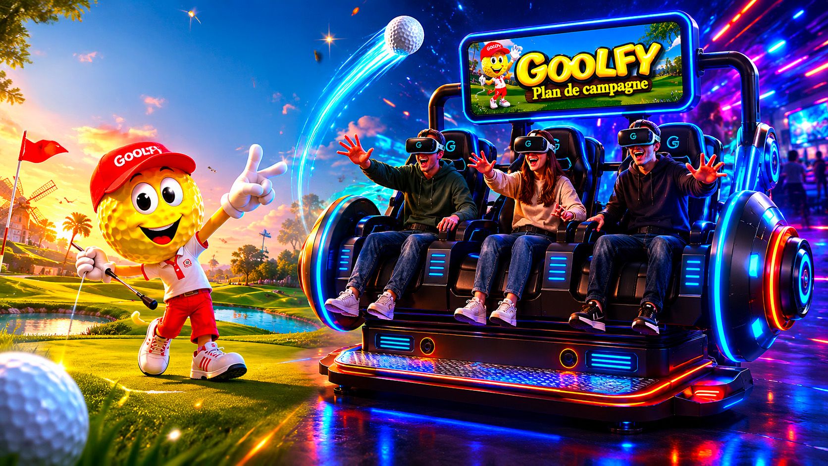 Mascotte Goolfy et simulateur VR avec 3 sièges en mouvement